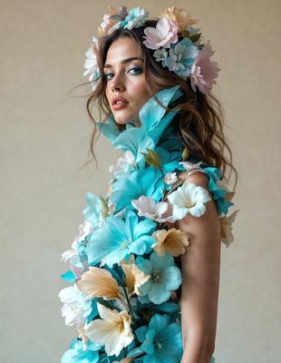 The primary subject of the image is a woman wearing a blue dress with a flower crown on her head. The setting is a room with a wall visible in the background. The visual style is a combination of a photo and digital art, creating a unique and artistic representation of the woman. The dominant colors in the image are blue and white, giving the scene a calm and serene atmosphere.